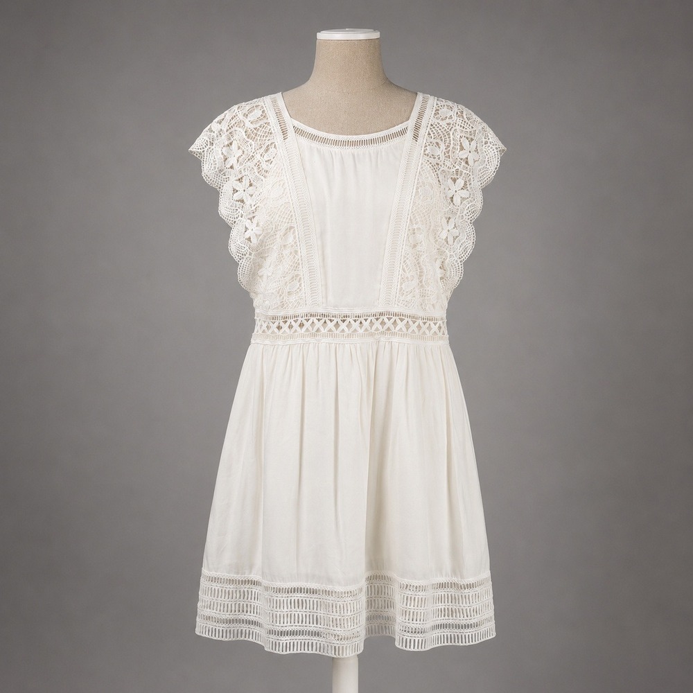 Floral Fairy Lace Flutter Sleeve Dress Size M White Boho Beach Resort Whimsical